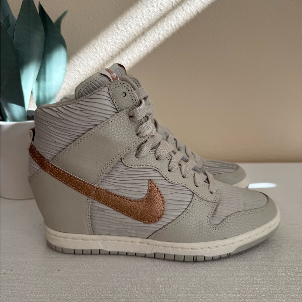 Nike Gray Leather Gold Logo Hidden Wedge High-Top Sneakers